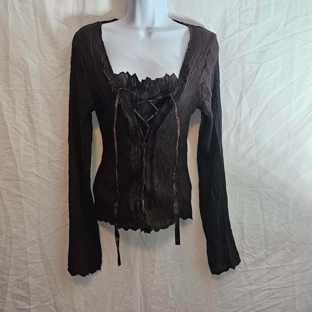vintage y2k 2000s brown accordion chiffon crinkle fairy whimsical top - Picture 2 of 8